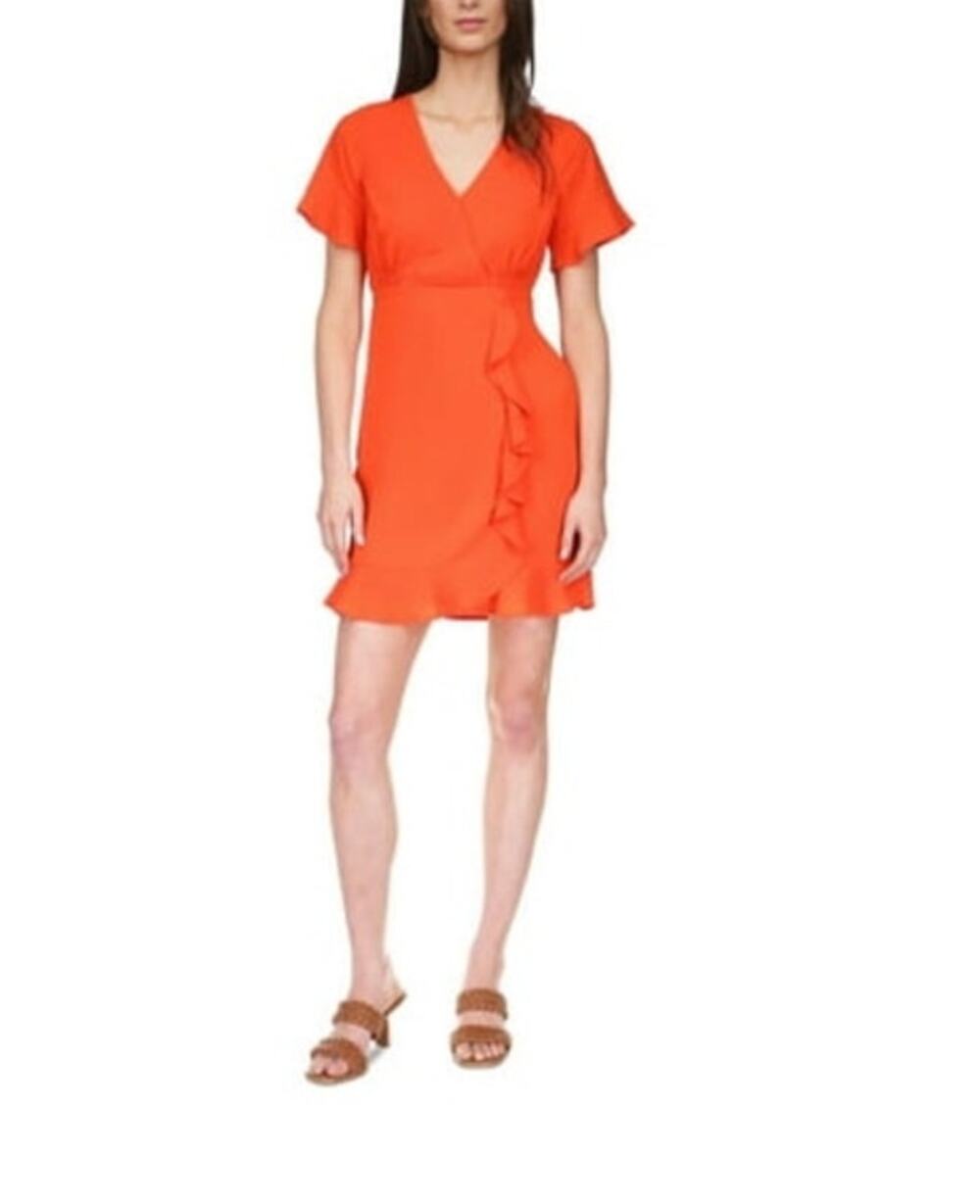 MICHAEL KORS Womens Orange Ruffled Smocked Front Waist Lined Dress Sz Large